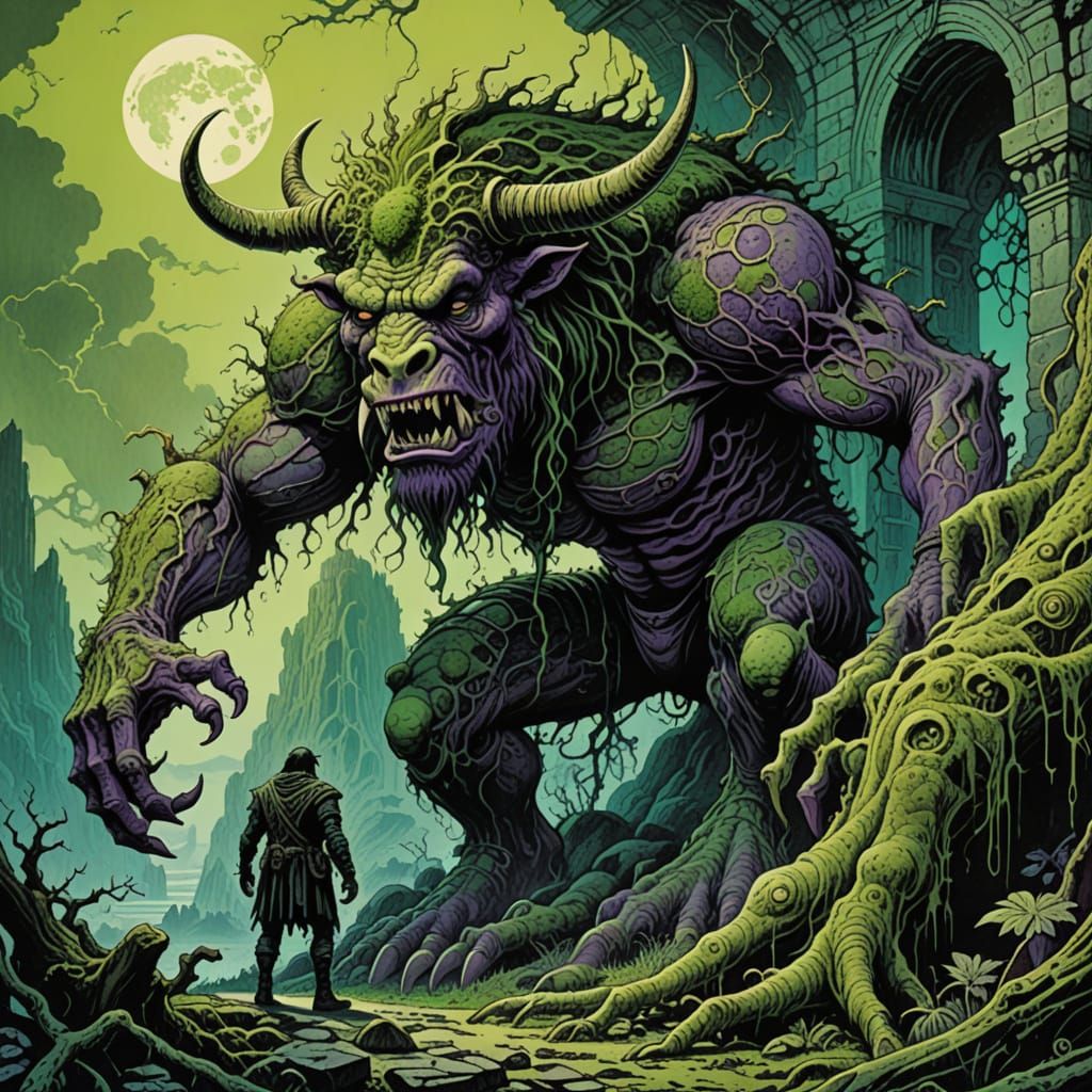 Moss-Covered Cow-Troll Before Cyclops Archway in Punk Histor...