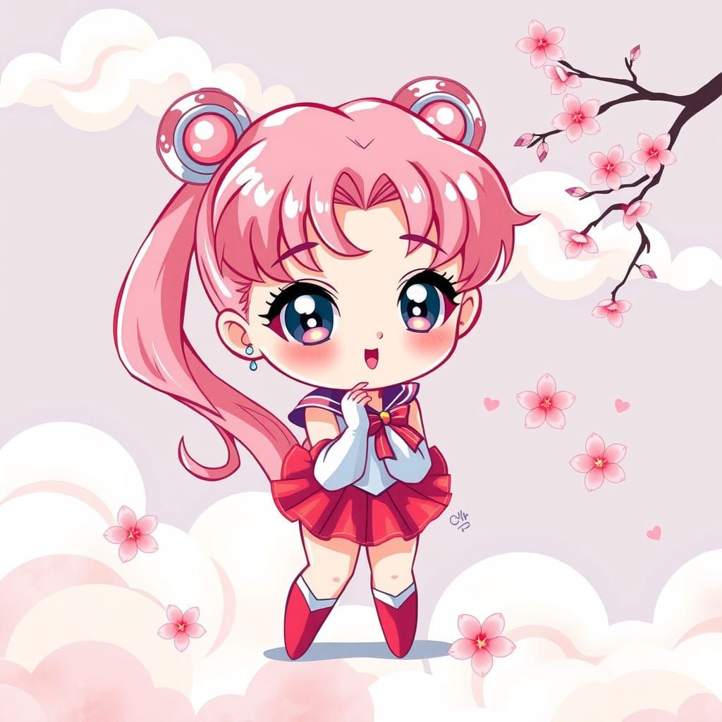 Chibi Sailor Moon in Whimsical Watercolor Style