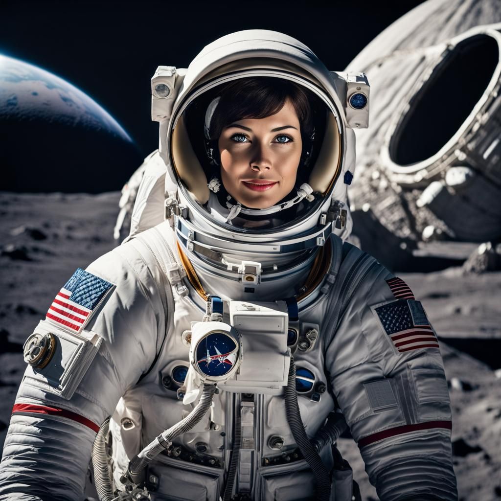 015 A beautiful female astronaut, wearing an apollo spacesui...