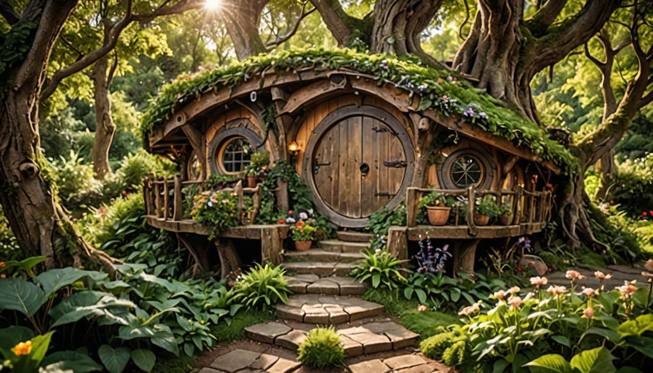 Charming Hobbit Treehouse in Sunny Forest: Photography