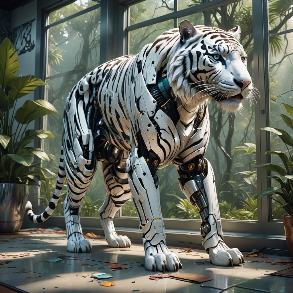Cyborg White Tiger Arrives in Futuristic Room