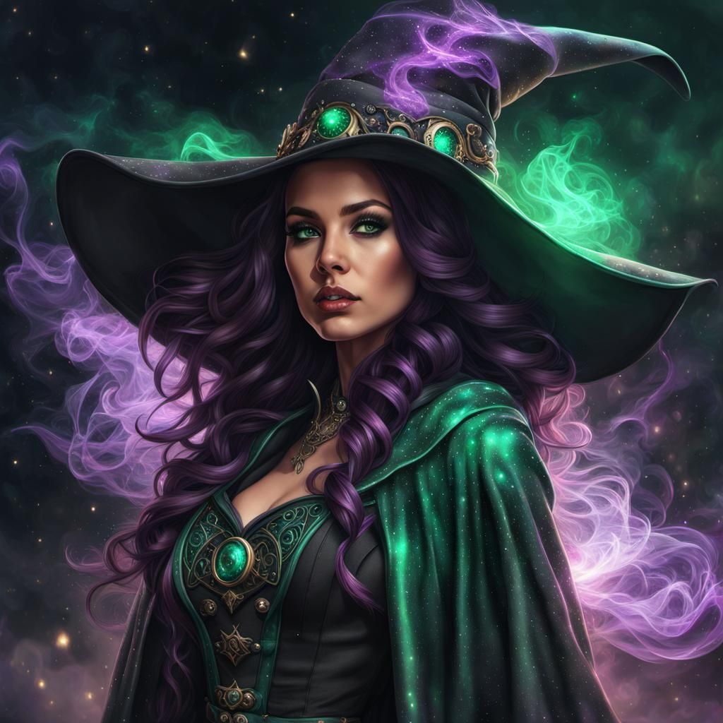 Steampunk Witch Portrait with Exploding Star Background