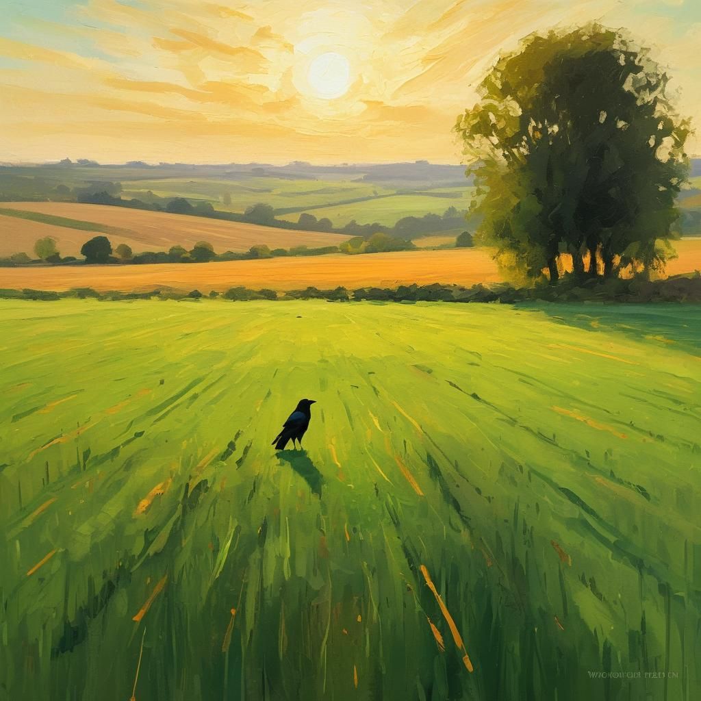 Crow in Field: Impressionistic Golden Hour Landscape
