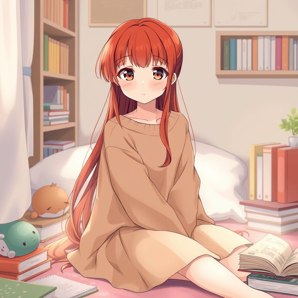 Anime Girl in Cozy Room with Vibrant Red Hair