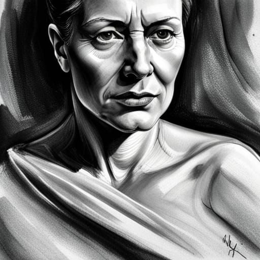 Powerful Woman Portrait in Charcoal Drawing Style