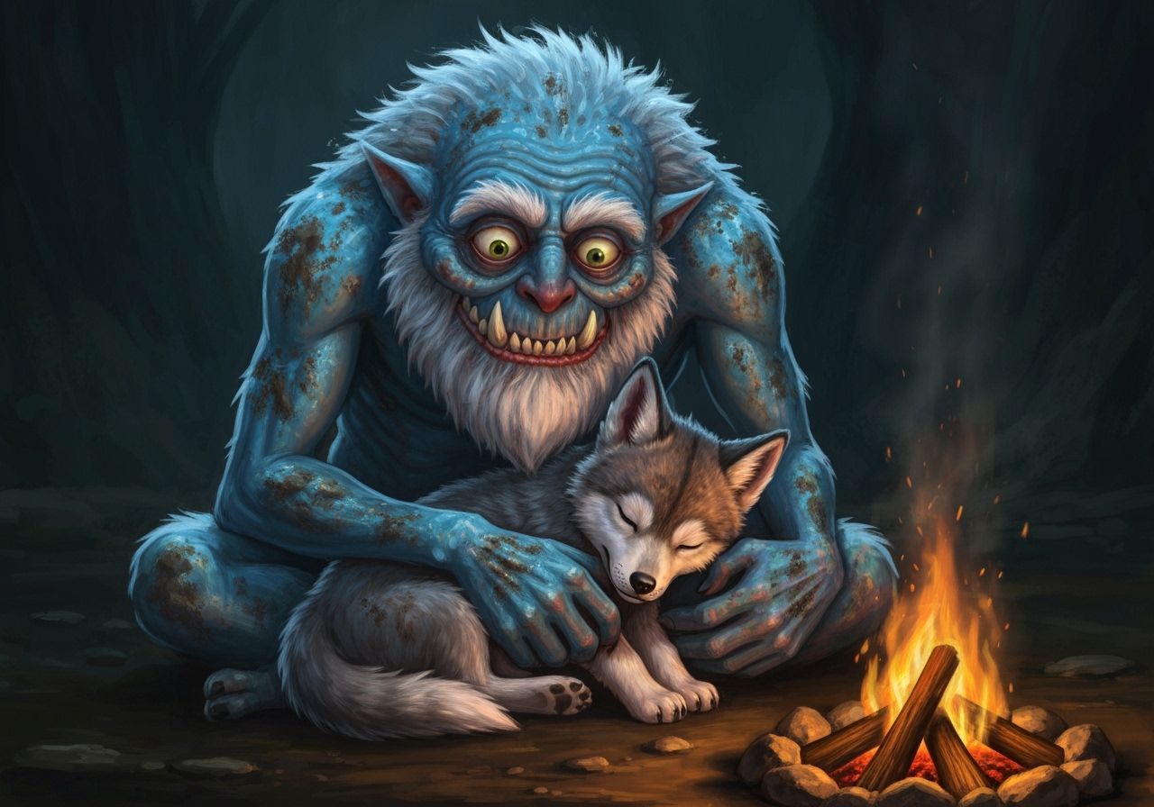 Monster Cuddling Baby Wolf by Campfire
