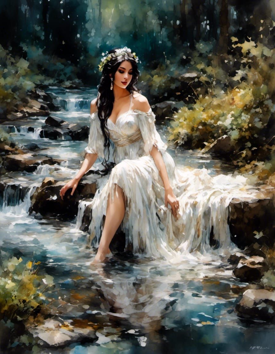 Nymph Bathing in Stream as Gouache Painting