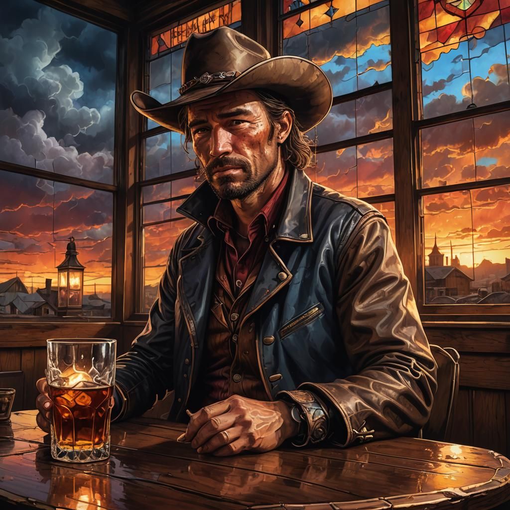 Cowboy Sipping Whiskey in Saloon: Digital Portrait