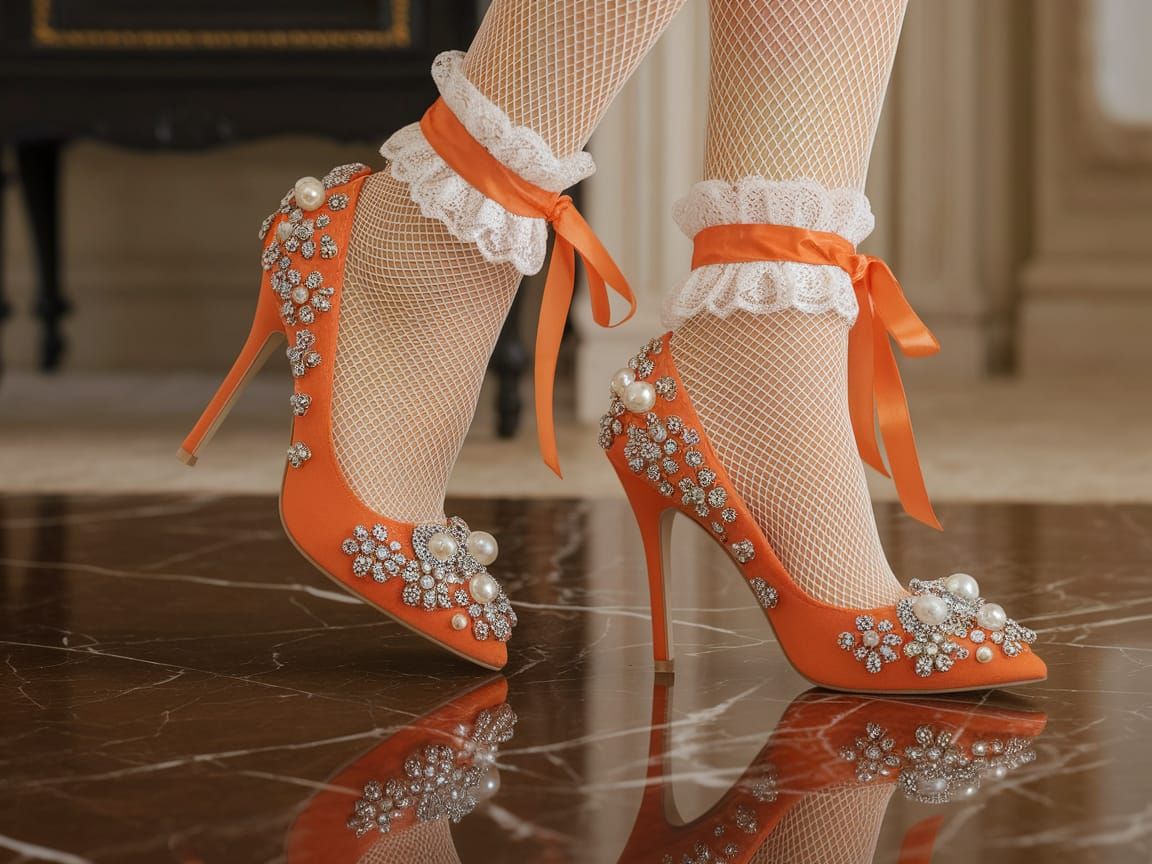 Orange Heels with Floral Designs and Pearls