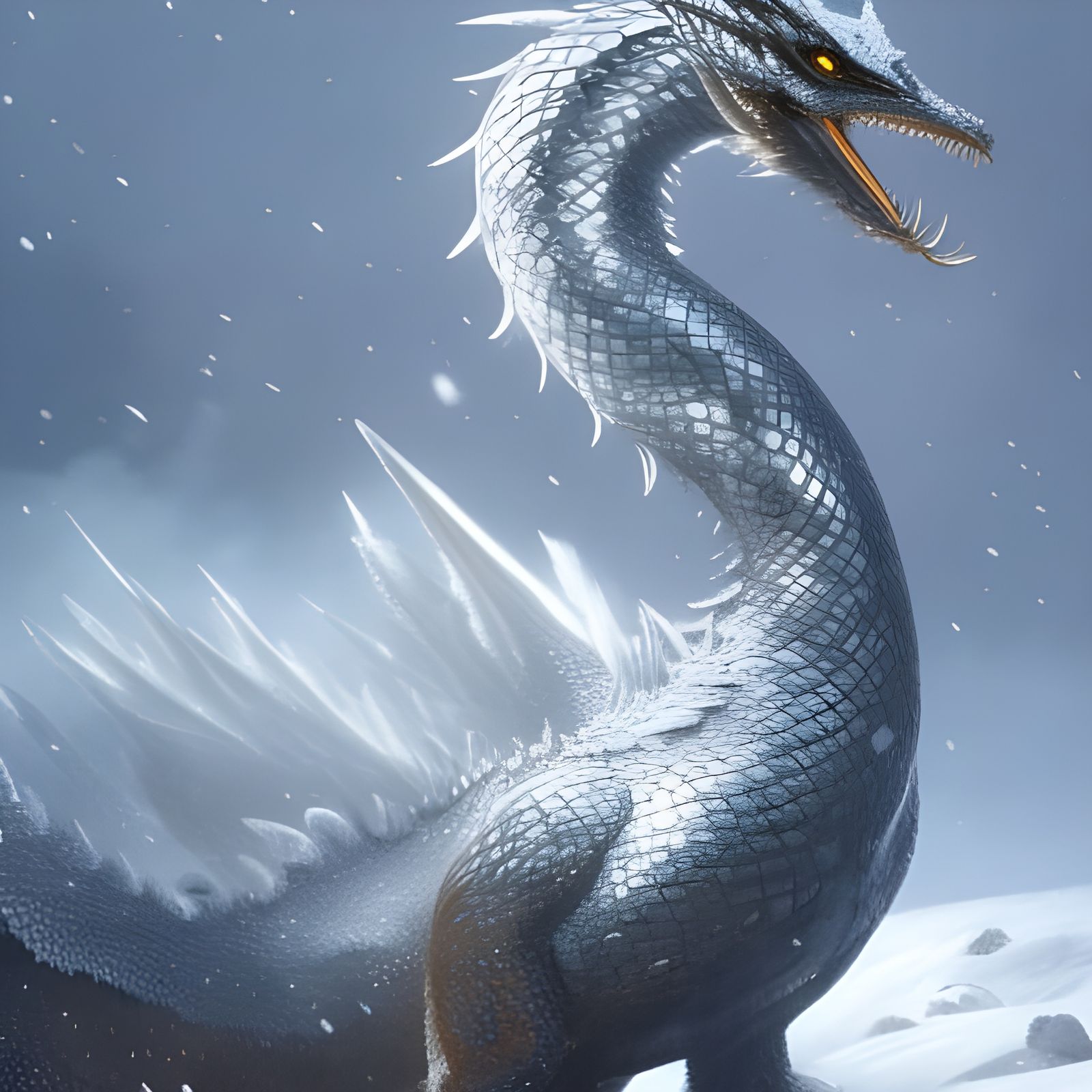 Magnificent Silver Dragon on Snowy Hillside