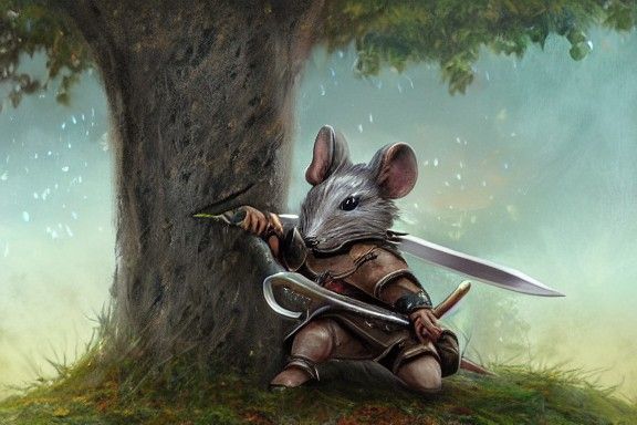 Mouse Knight on Branch: Whimsical Fantasy Art