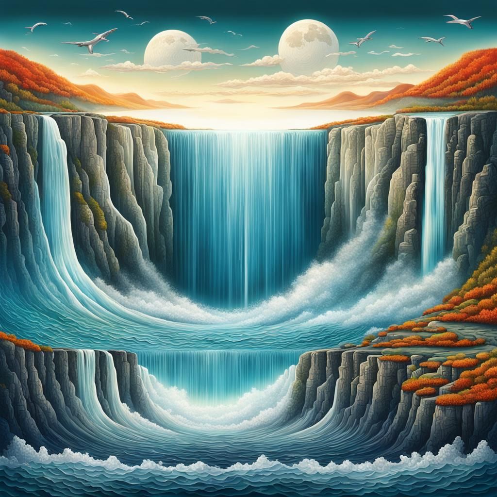Surreal Sea Divided by Silver Waterfall