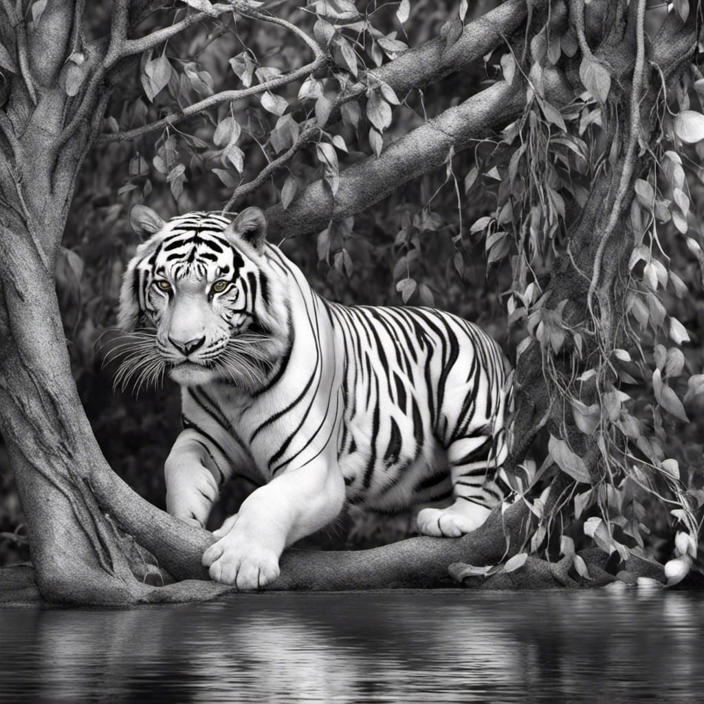 Monochrome Tiger Ambush in Jungle Vines