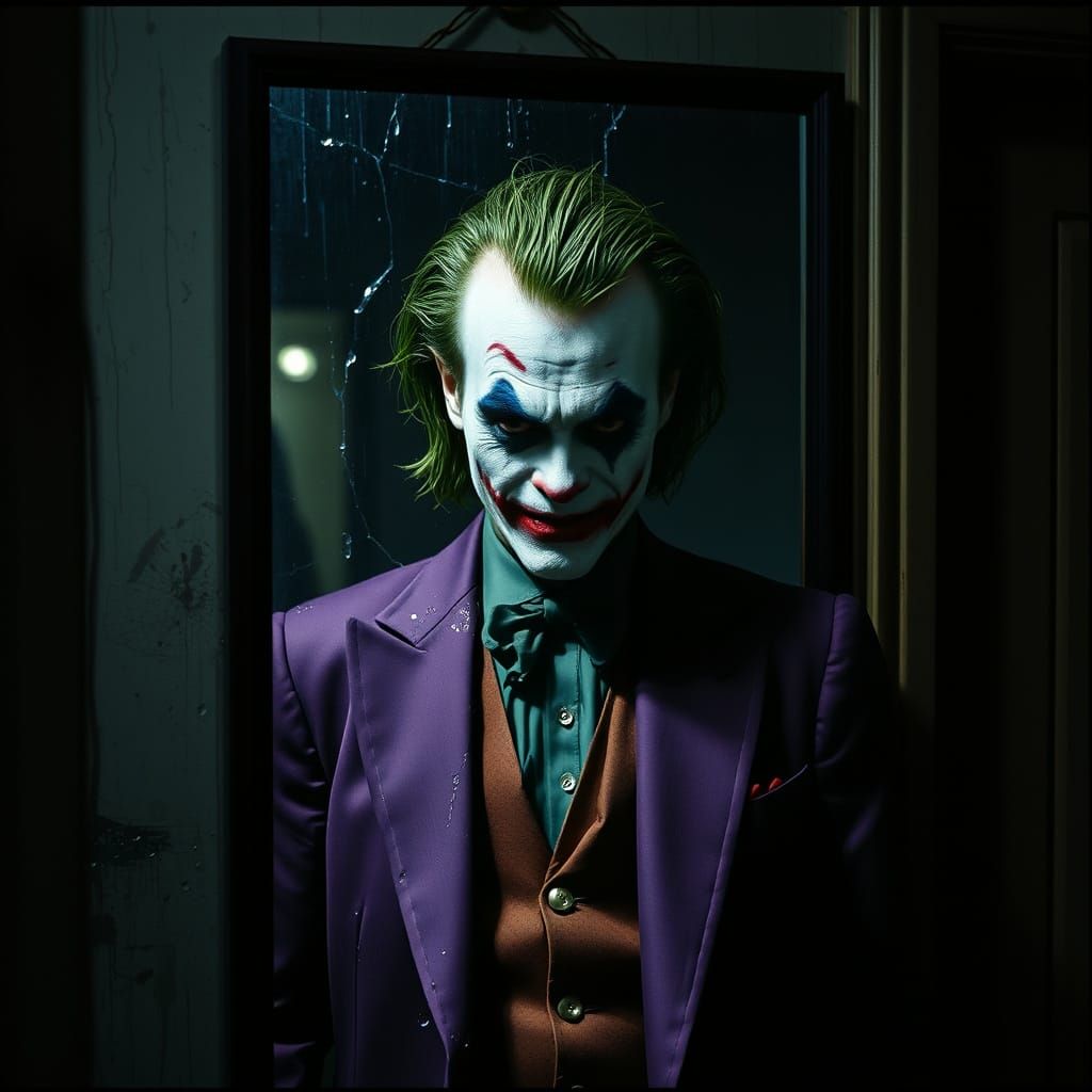 Joker's Reflection in Cracked Mirror, Cinematic Close-Up