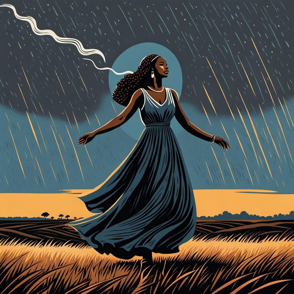 Dancing Saint in Divine Rain: Linocut Illustration