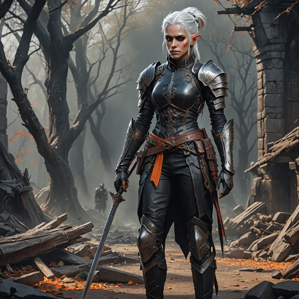 Dark Elf Warrior in Black Leather Armor