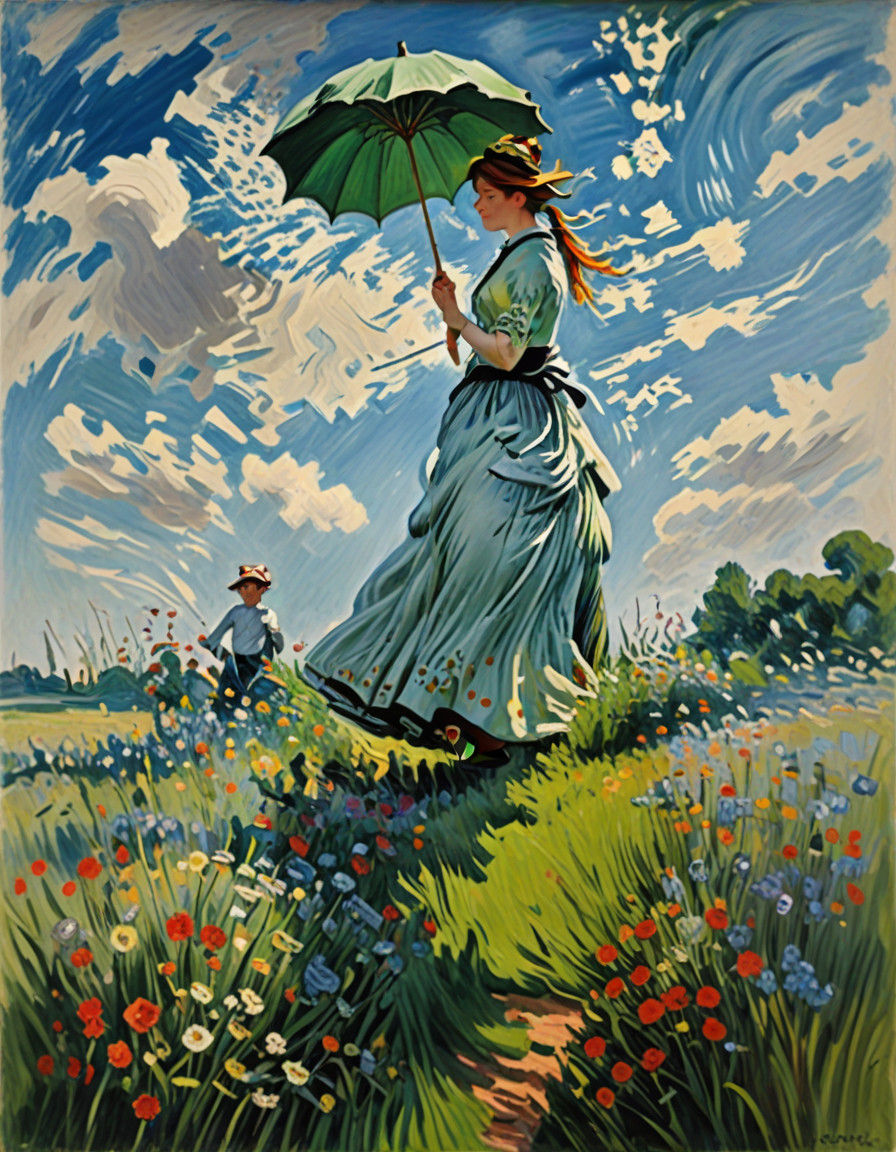 Woman with Parasol in a Field of Wildflowers, Impressionist....