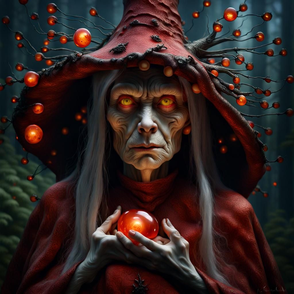 Gnarled Witch with Carnelian Eyes and Fireflies