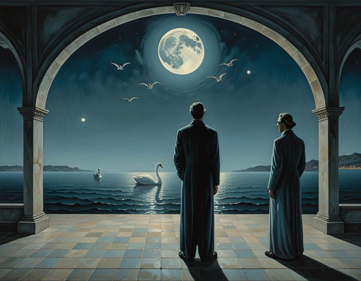 Dreamy Nighttime Scene with Swan's Wing Archway