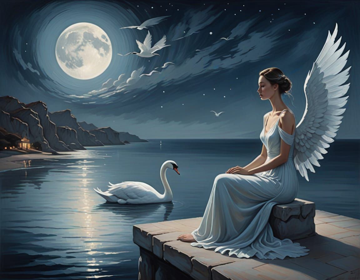 Surrealist Woman Contemplates Swan's Wing at Night