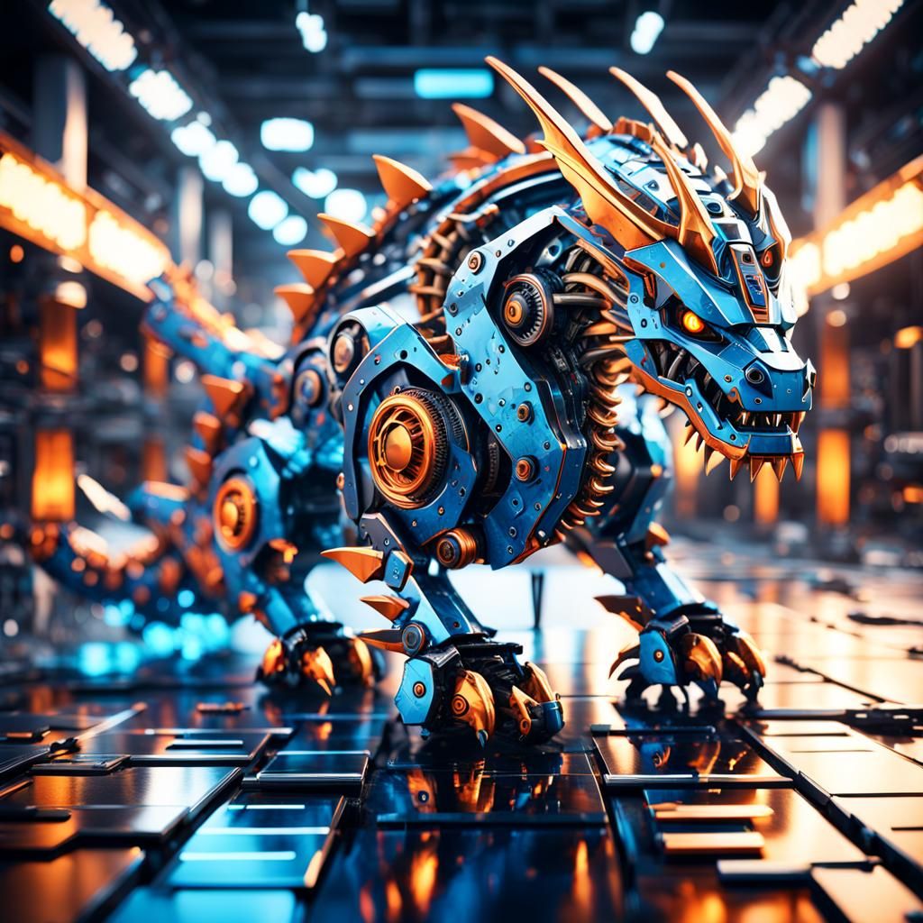 Sci-Fi Mechanical Dragon Robot on Metallic Surface