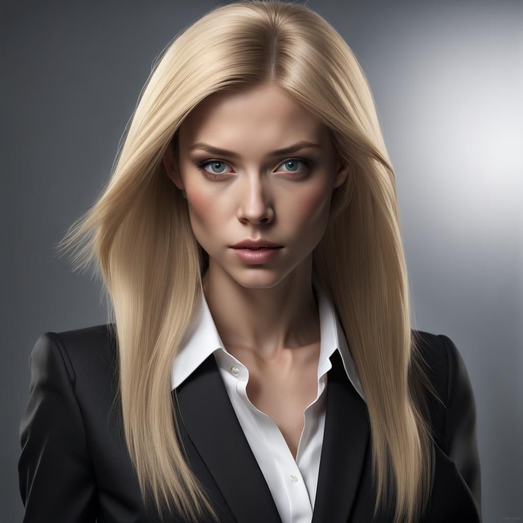 Studio Portrait of Blonde Woman in Black Suit
