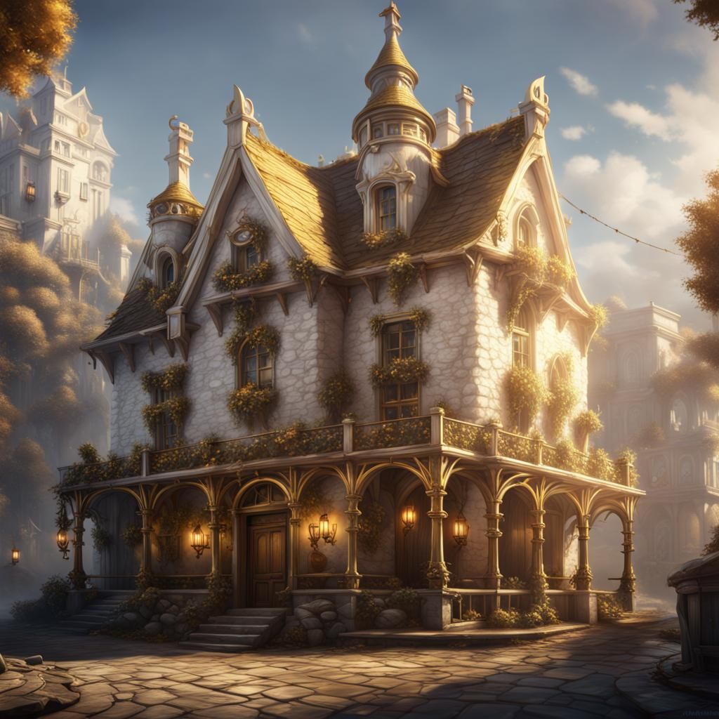 Angelic Tavern: Detailed Matte Painting in Gold and White