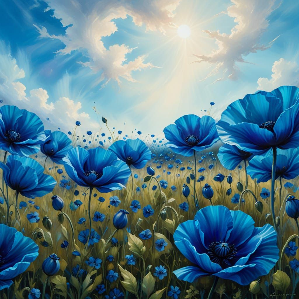 Surreal Blue Poppies in Dreamlike Oil Painting