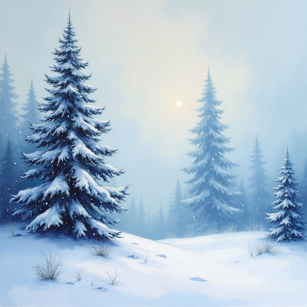 Impressionist Winter Landscape with Snowy Pine Trees and Maj...