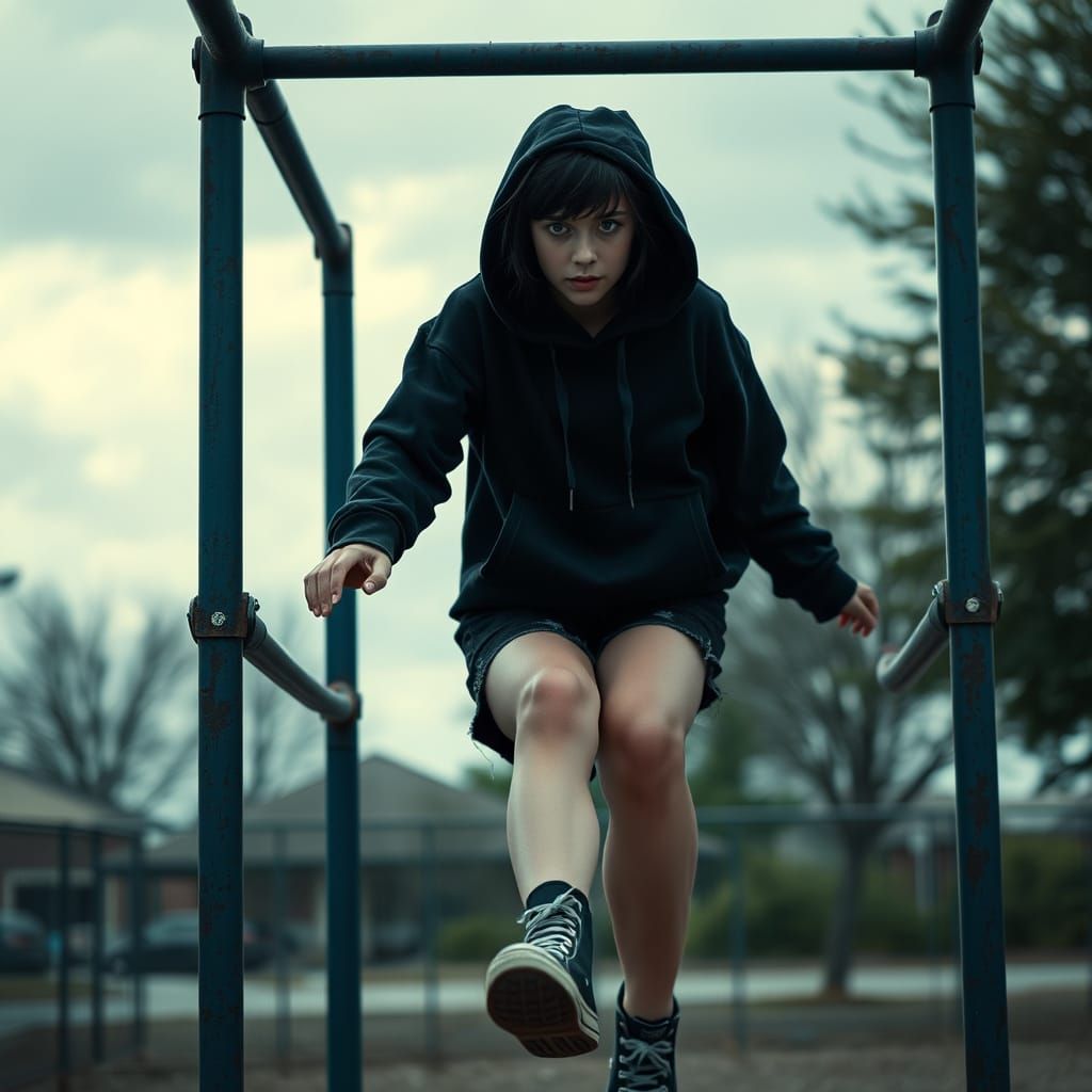 Woman on Monkey Bars in Cinematic Style