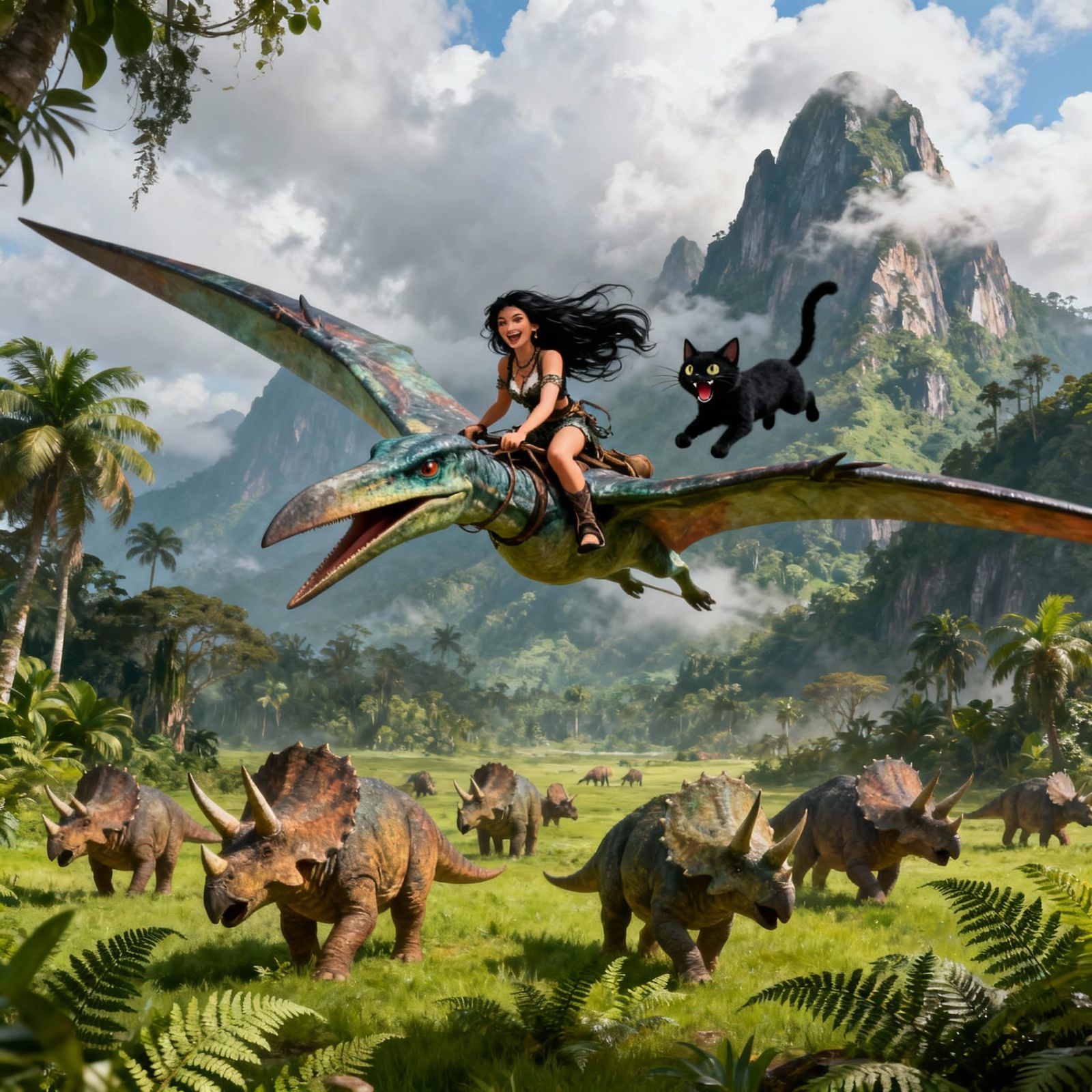 Woman Rides Pteranodon Over Triceratops Herd