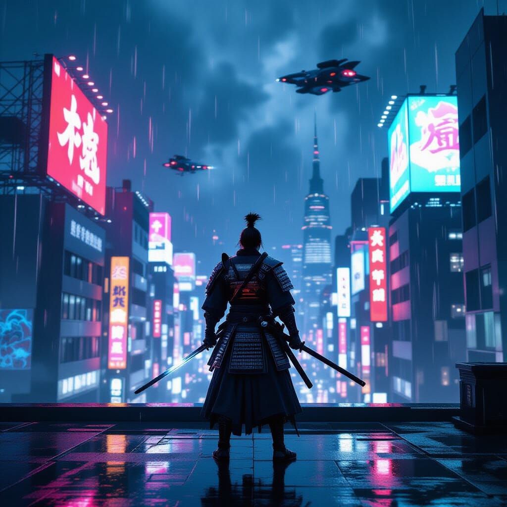 Cyberpunk Samurai Overlooks Neon Tokyo