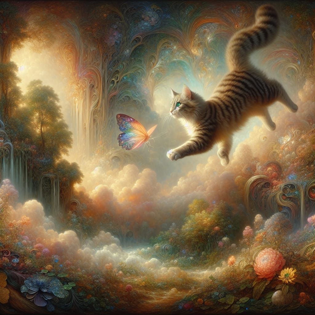 Mystical Cat Flight in a Neo-Romantic Realm