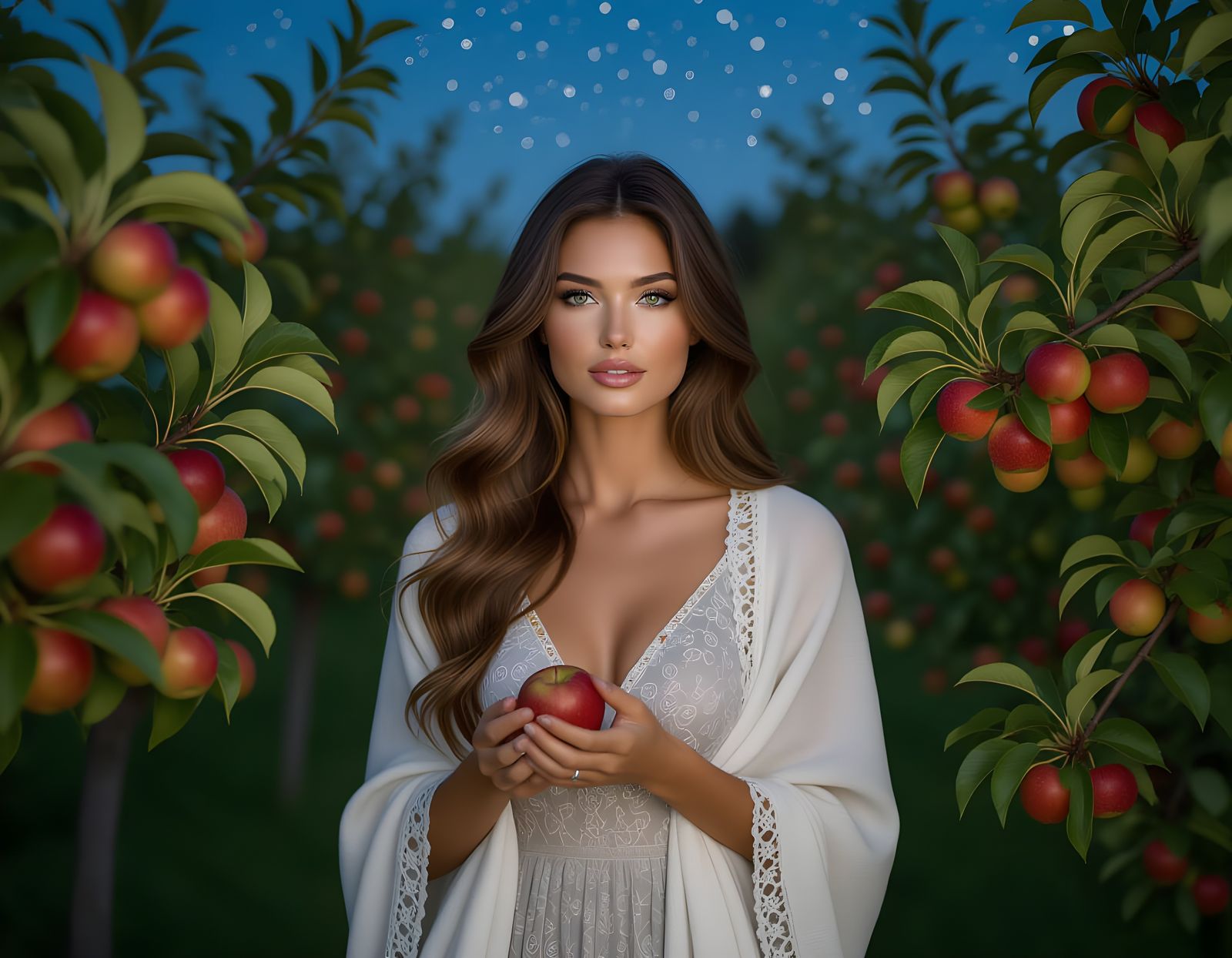Woman in Apple Orchard Under Starry Night