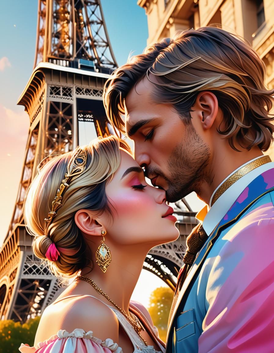 Romantic Kiss in Paris: Hyper-Realistic Concept Art
