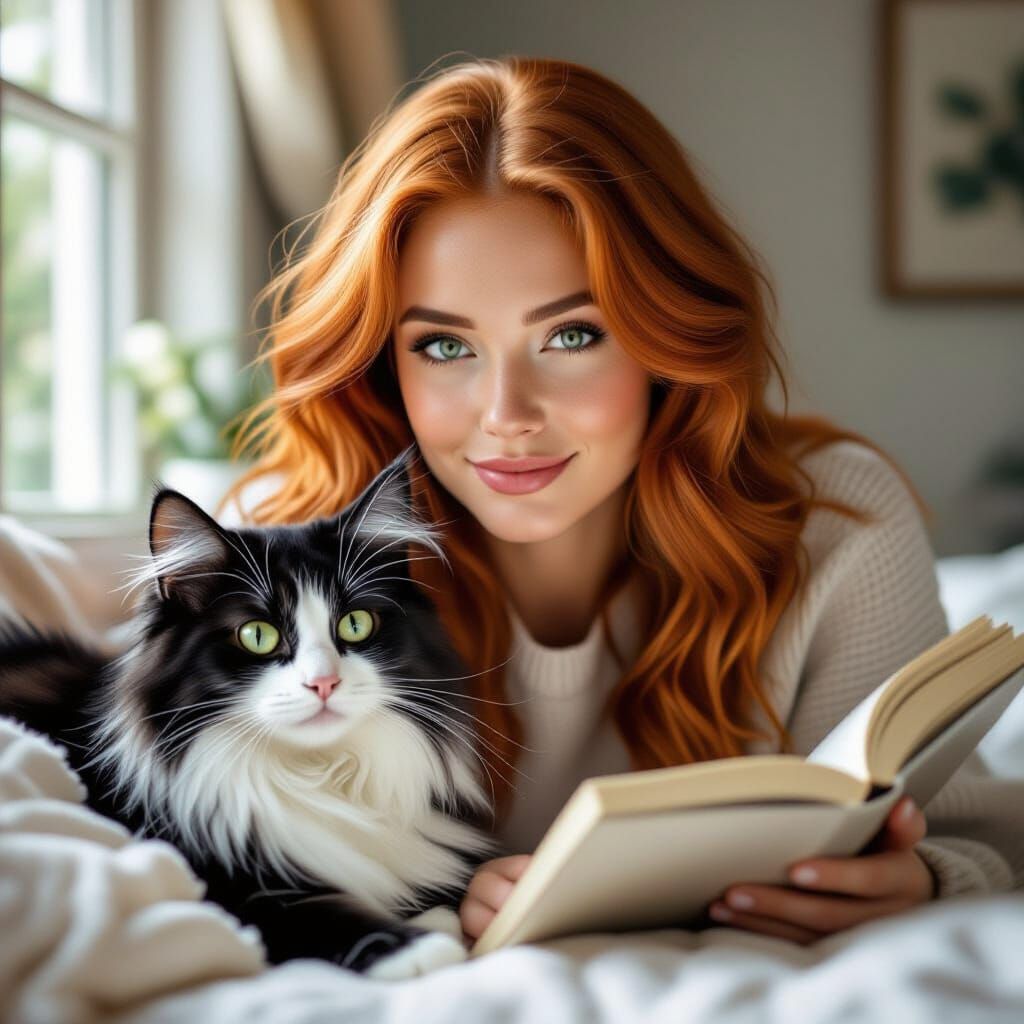 Woman Reading with Cat in Sunroom