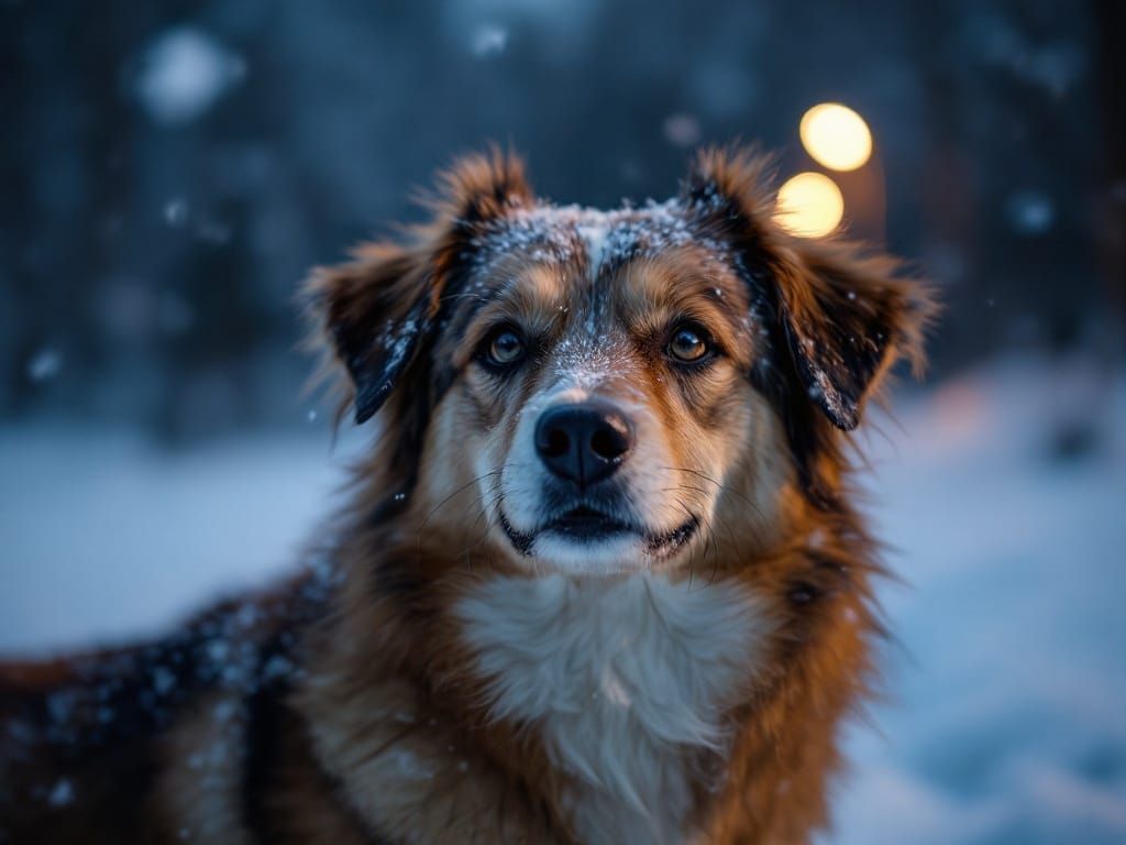 Joyful Dog under the Winter Night Sky