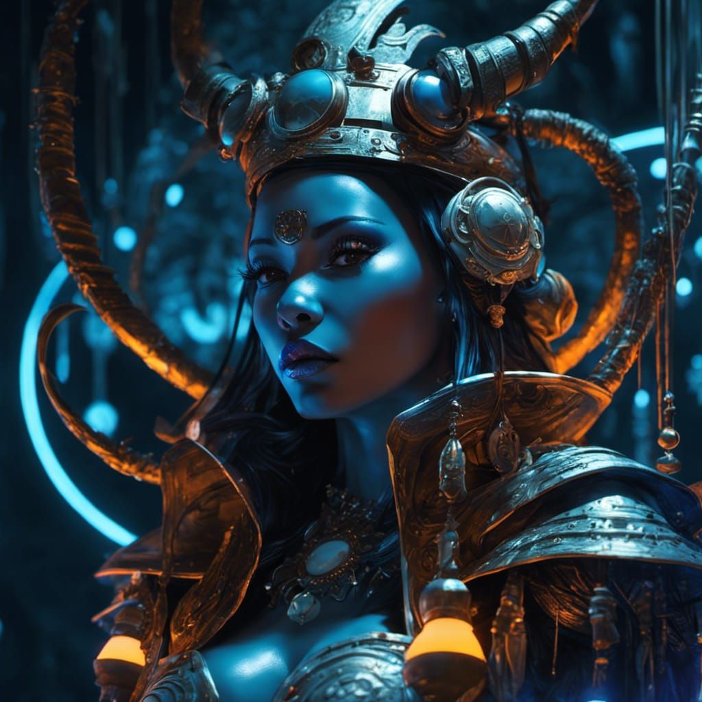 Intricate Cyberpunk Witch Doctor in Bioluminescent Glow