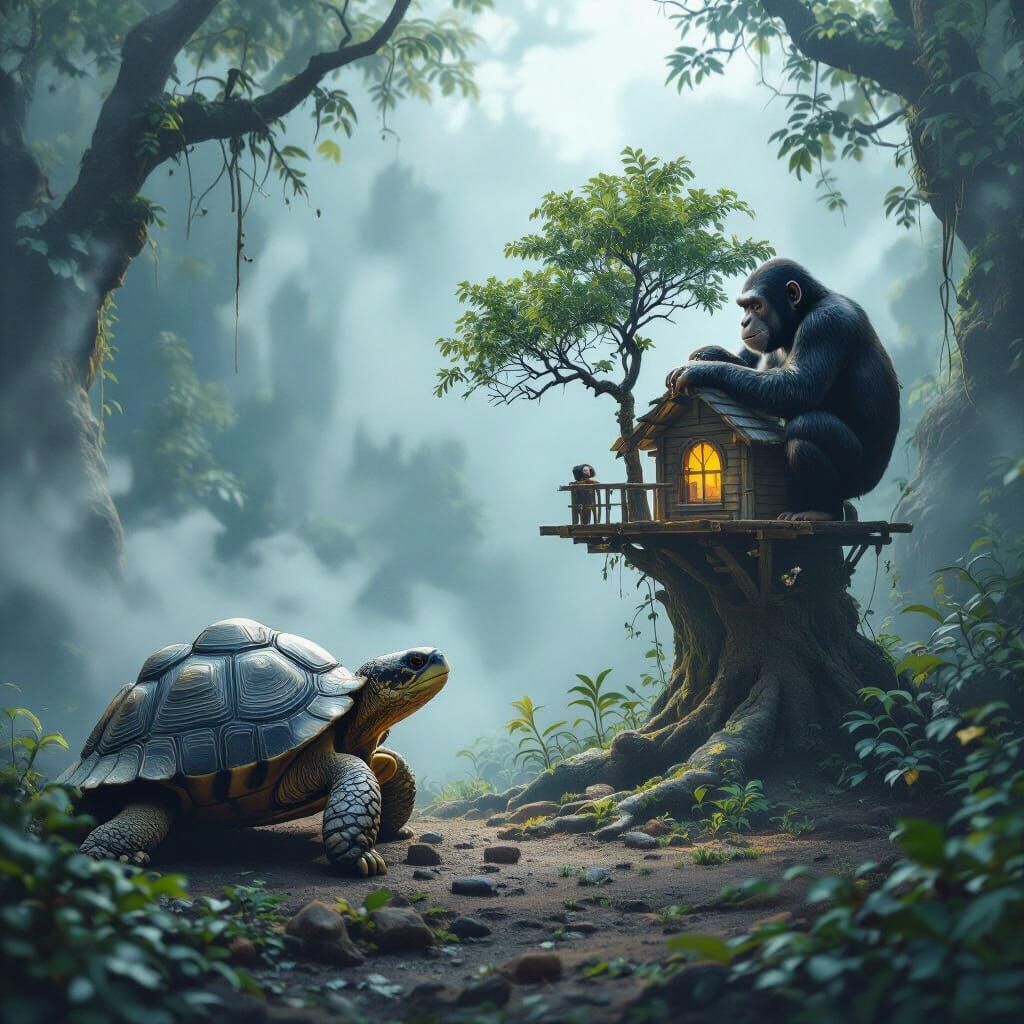 Chimpanzee Builds Treehouse Watched by Tortoise in Misty For...