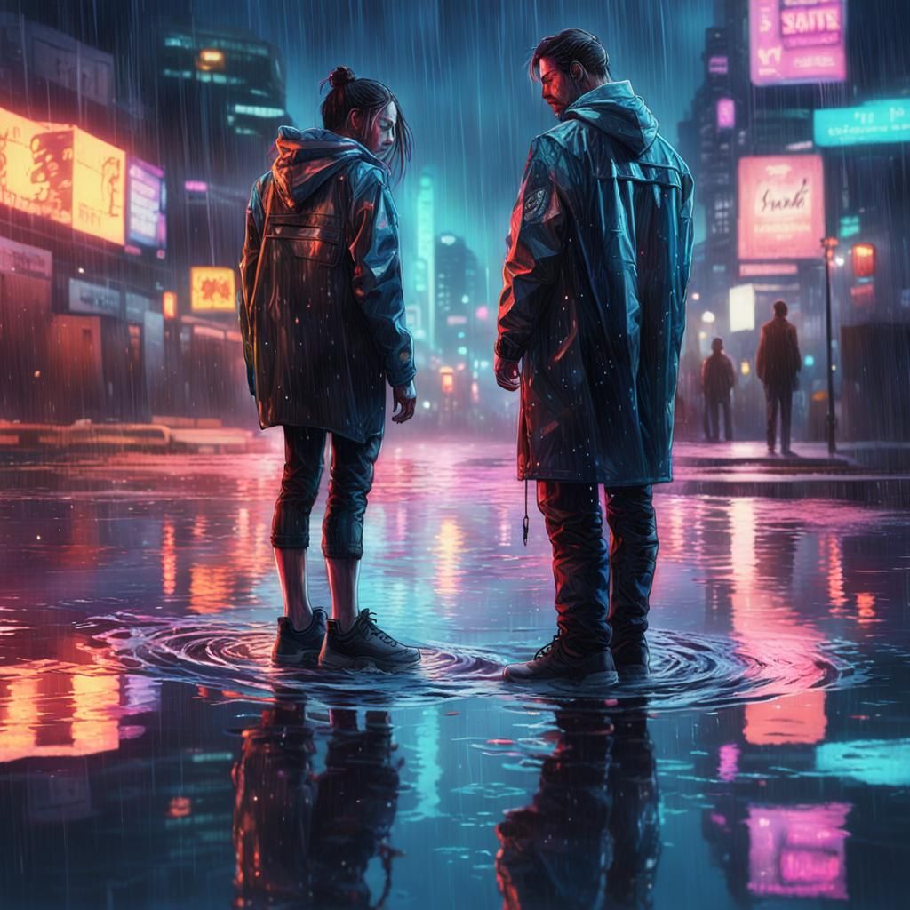 Cyberpunk Couple in Rainy Cityscape with Neon Lights