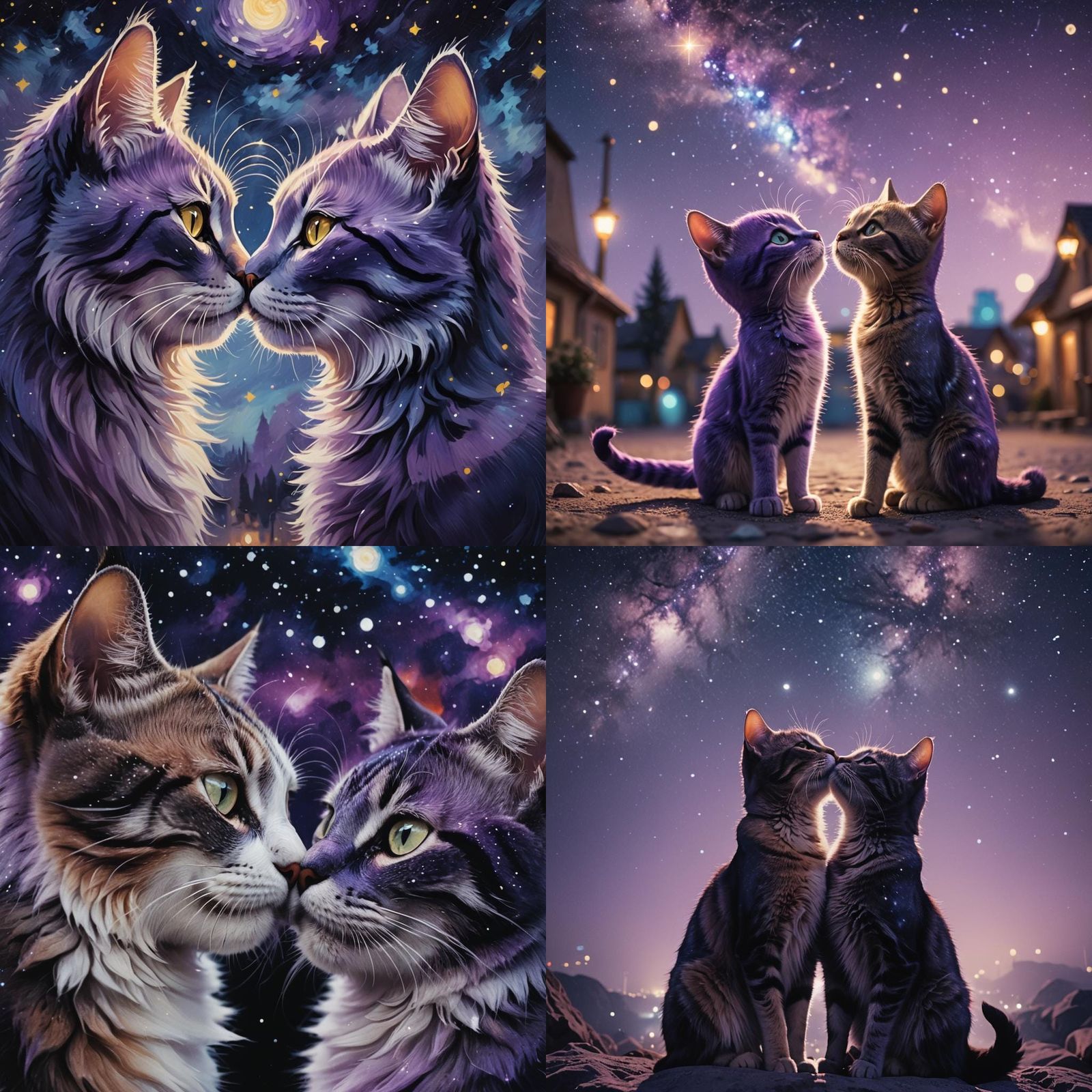 Purple and Blue Cats Kissing on Starry Night