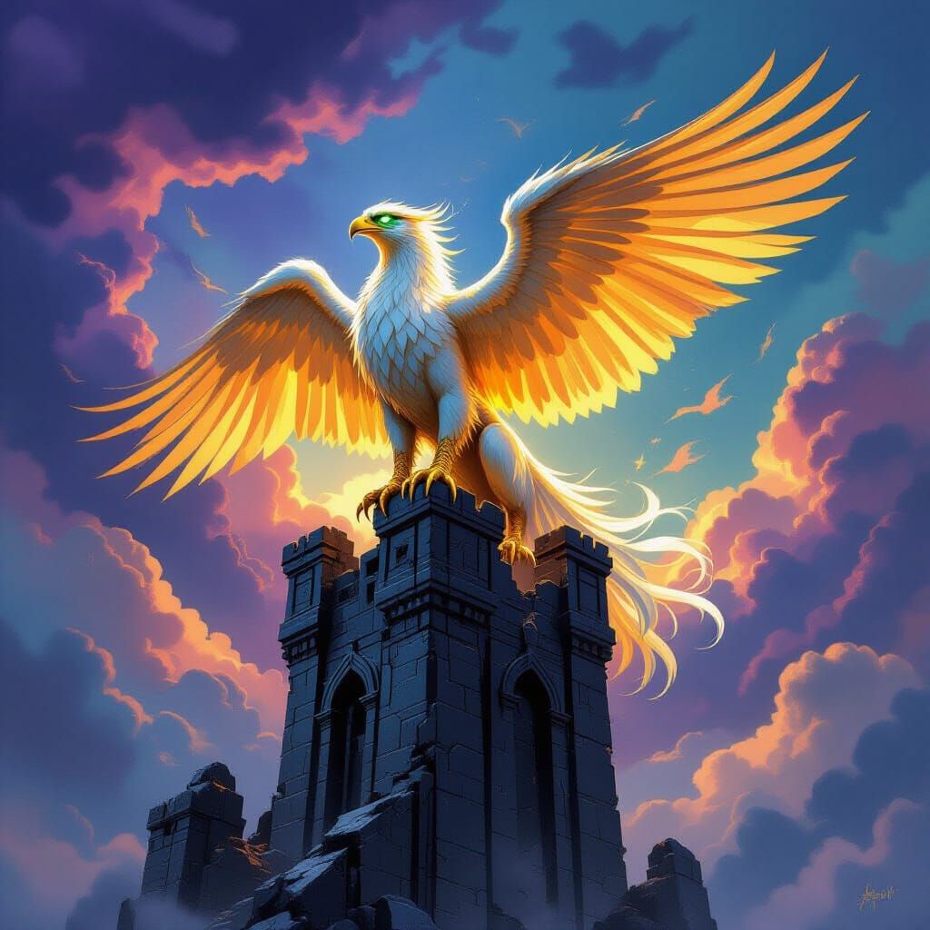 Majestic Griffin of Molten Gold on Obsidian Tower