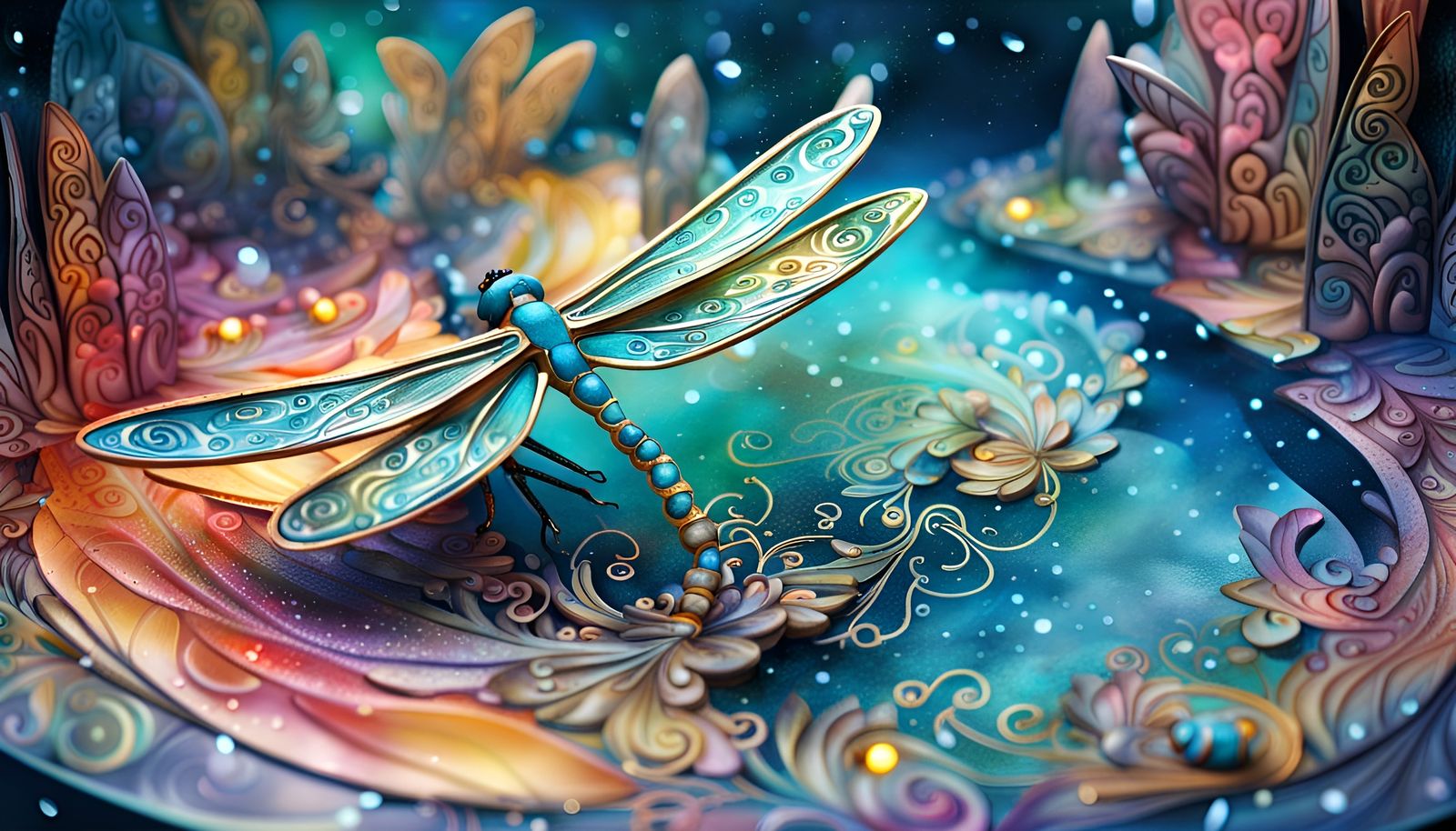 Dragonfly in Fairytale Landscape, Fluid Dreamy Mixed Media