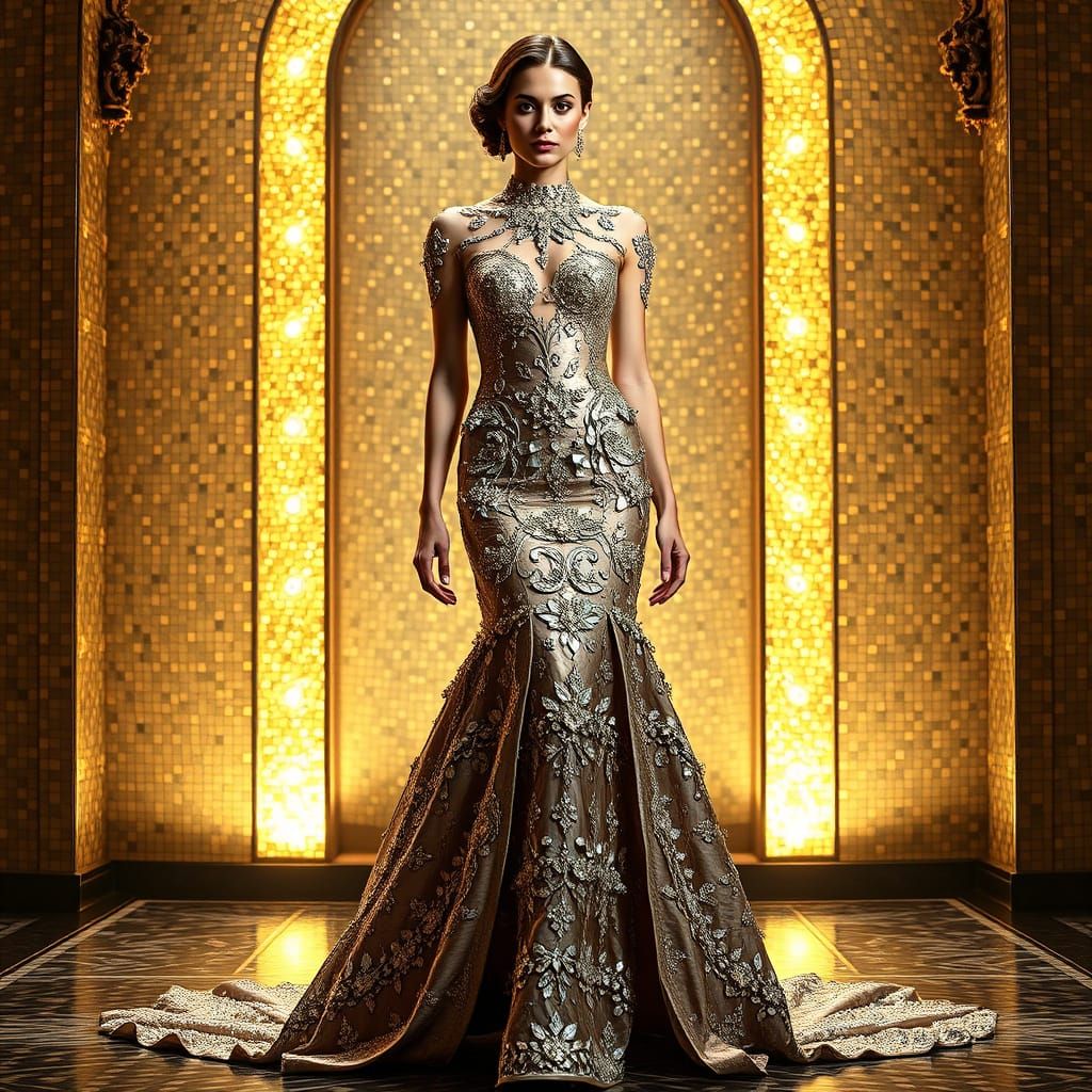 Woman in Opulent Gold and Silver Mosaic Gown