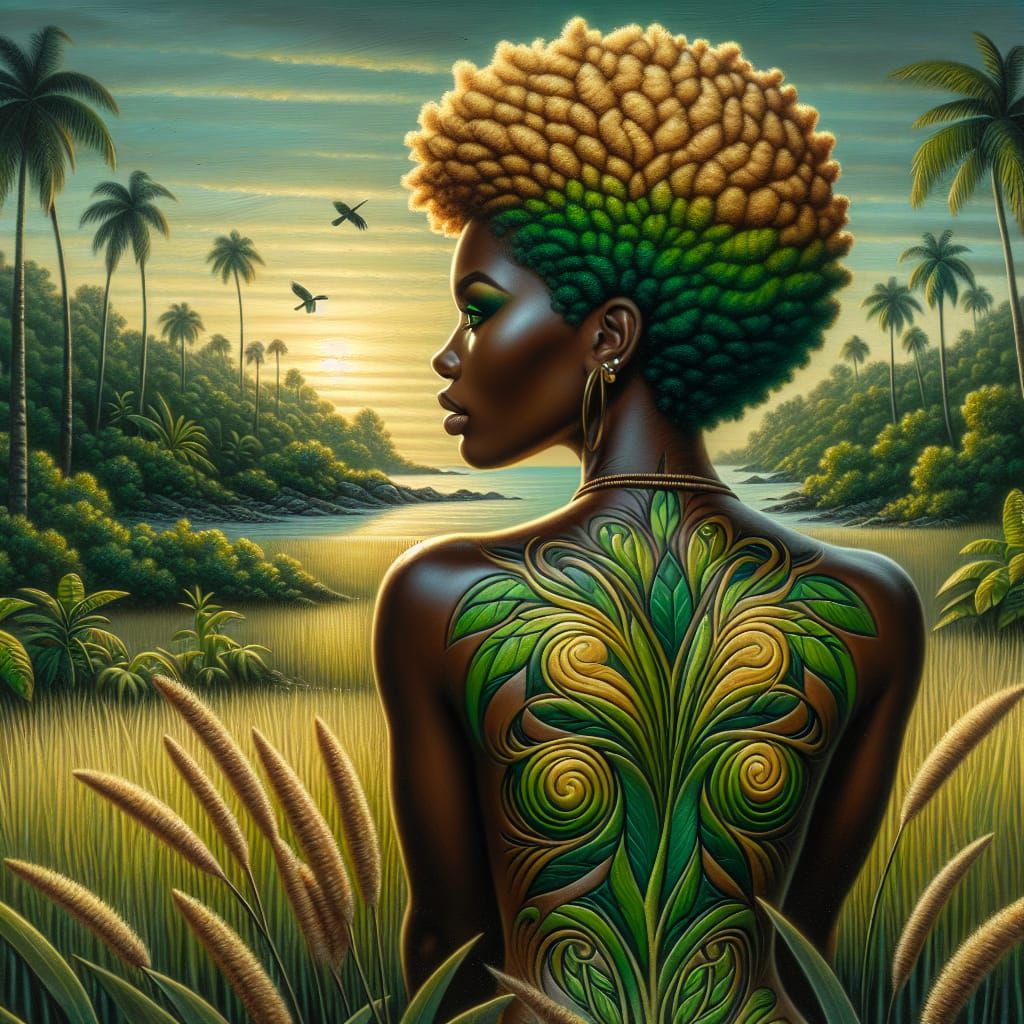 Black Woman in Jungle Sunrise, Oil and Chalk Art