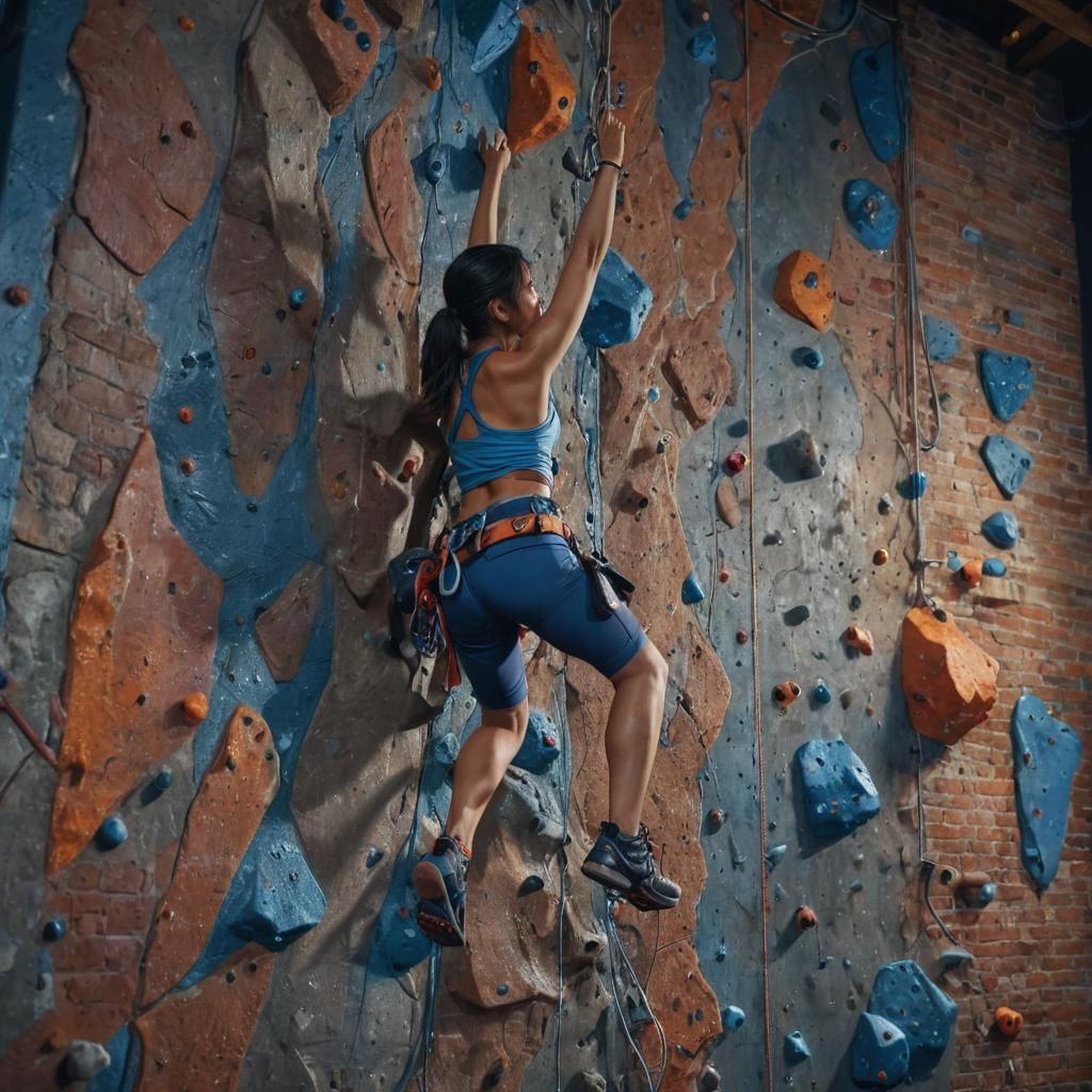 Asian Woman Climbing in a Neon-Lit Gym