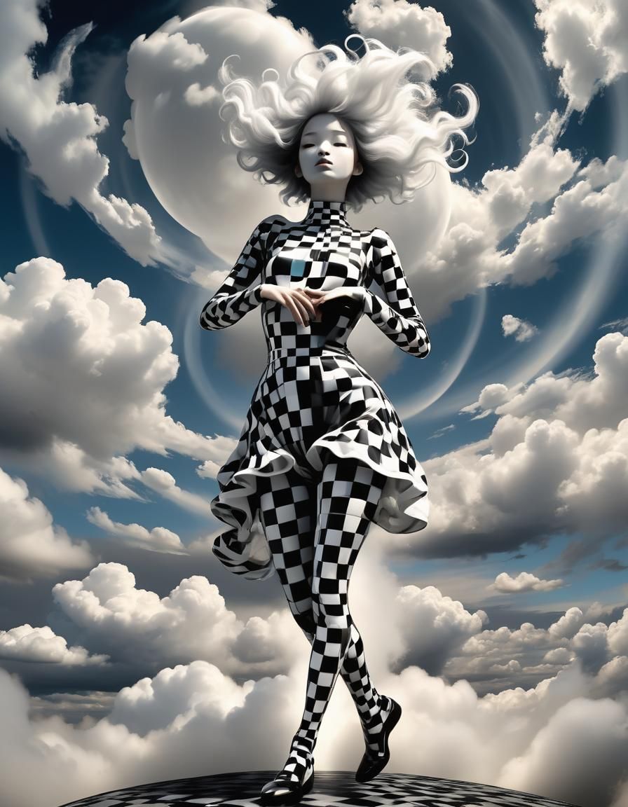 Surreal Cloud-Haired Figure in Cosmic Dance