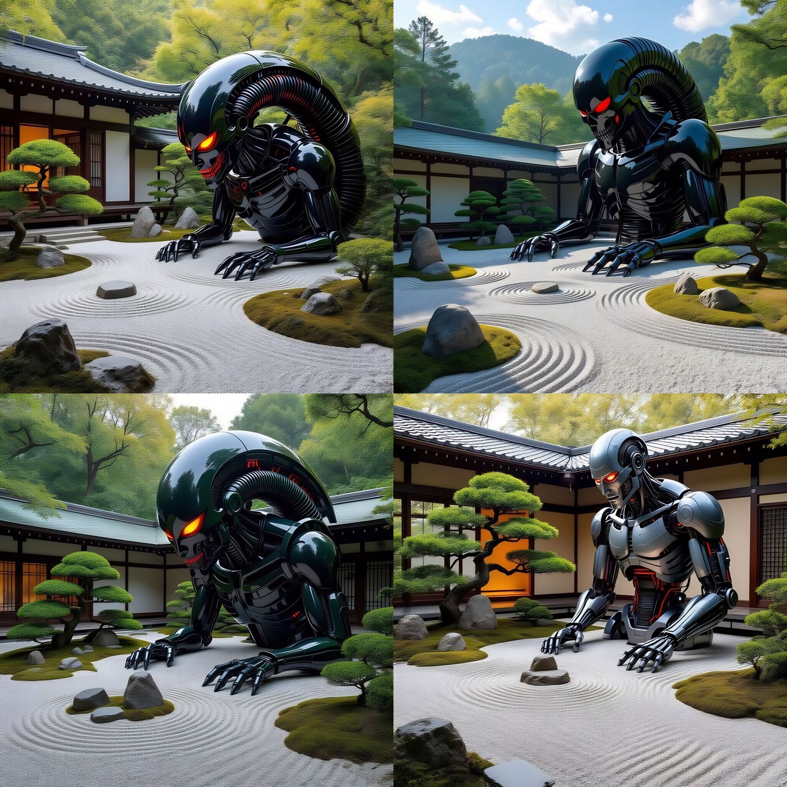 Zen Garden Disrupted by Biomechanical Sculpture