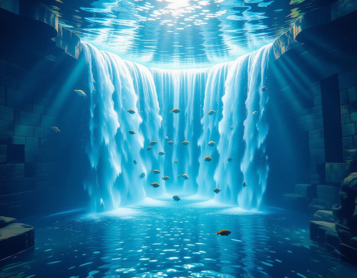 Underwater Waterfall in Liminal Pool Room: Hyperrealistic Di...