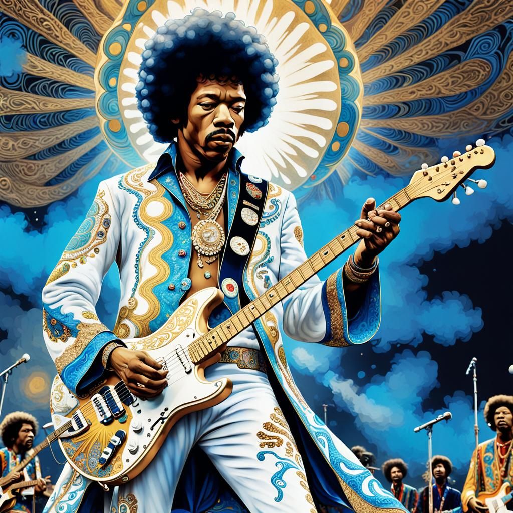 Jimi Hendrix Plays at Woodstock: Psychedelic Concept Art